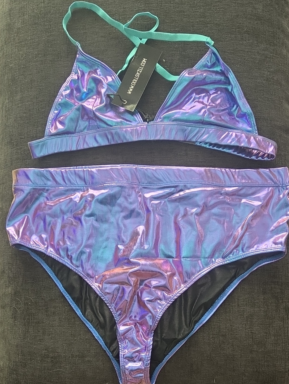 Dolls Kill- CLUB EXX Iridescent Purple Triangle Bikini Set